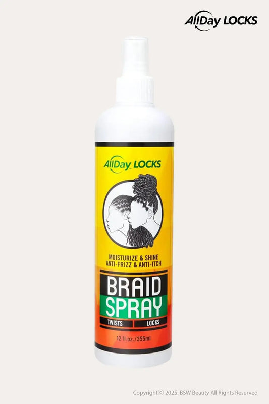 AllDay Locks Braid Spray 12 fl oz (355 mL) bottle on a light background, Frizz Control and Shine Spray for braids, twists, and locks.
