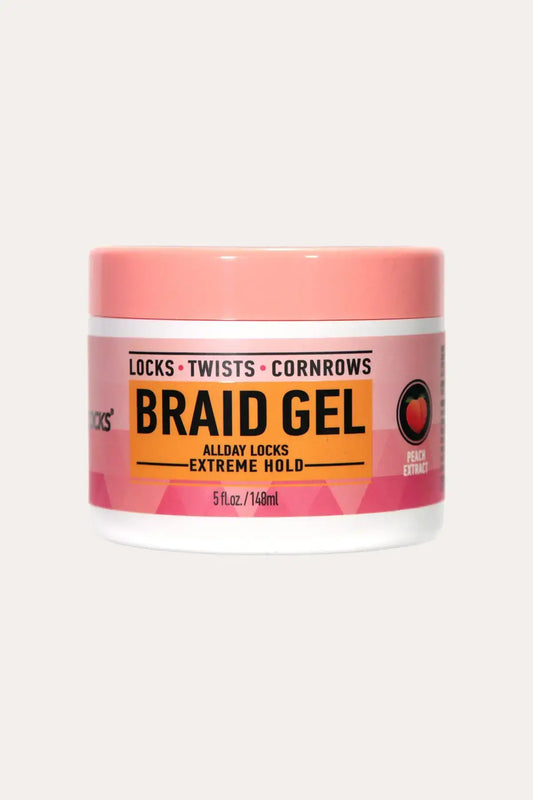 “AllDay Locks Peach Gold Braid Gel 5 oz (148 ml), Strong Hold Braid Gel for locks, twists and cornrows – front label”