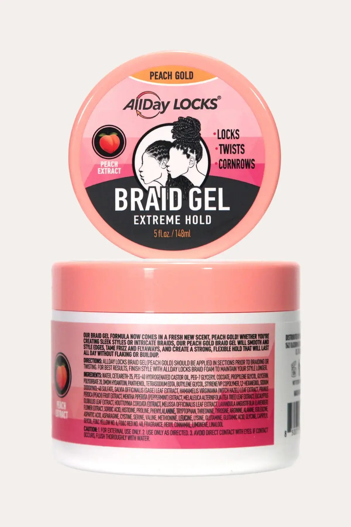 “AllDay Locks Peach Gold Braid Gel 5 oz (148 ml) – Frizz Control Gel and Lightweight Styling Gel, top view and back label details”