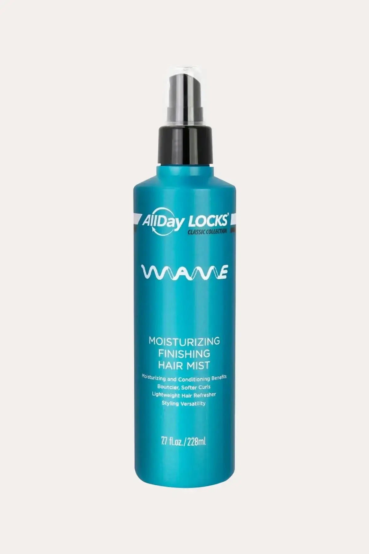 “AllDay Locks Wave Moisturizing Finishing Hair Mist 7.7 fl oz (228 mL) bottle, a best curl refresher spray for natural hair, shown front label on white background.”
