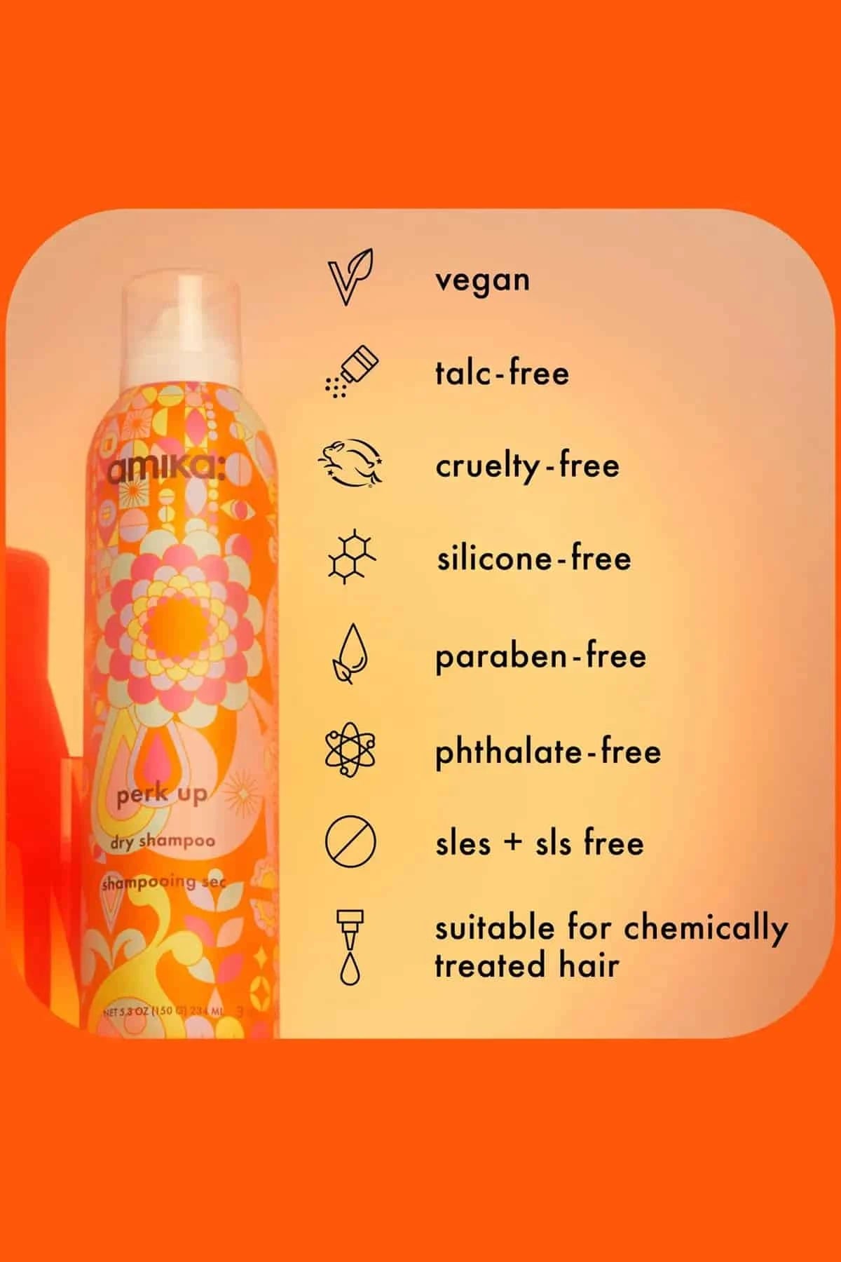 Amika Perk Up Dry Shampoo bottle displayed with icons indicating a vegan and Talc Free formula.