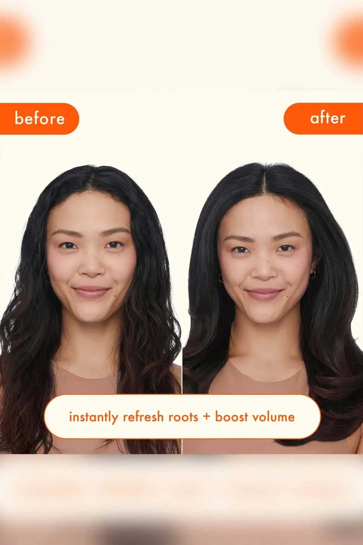 Before and after comparison showing volume boost and invisible finish, suitable for dark hair.