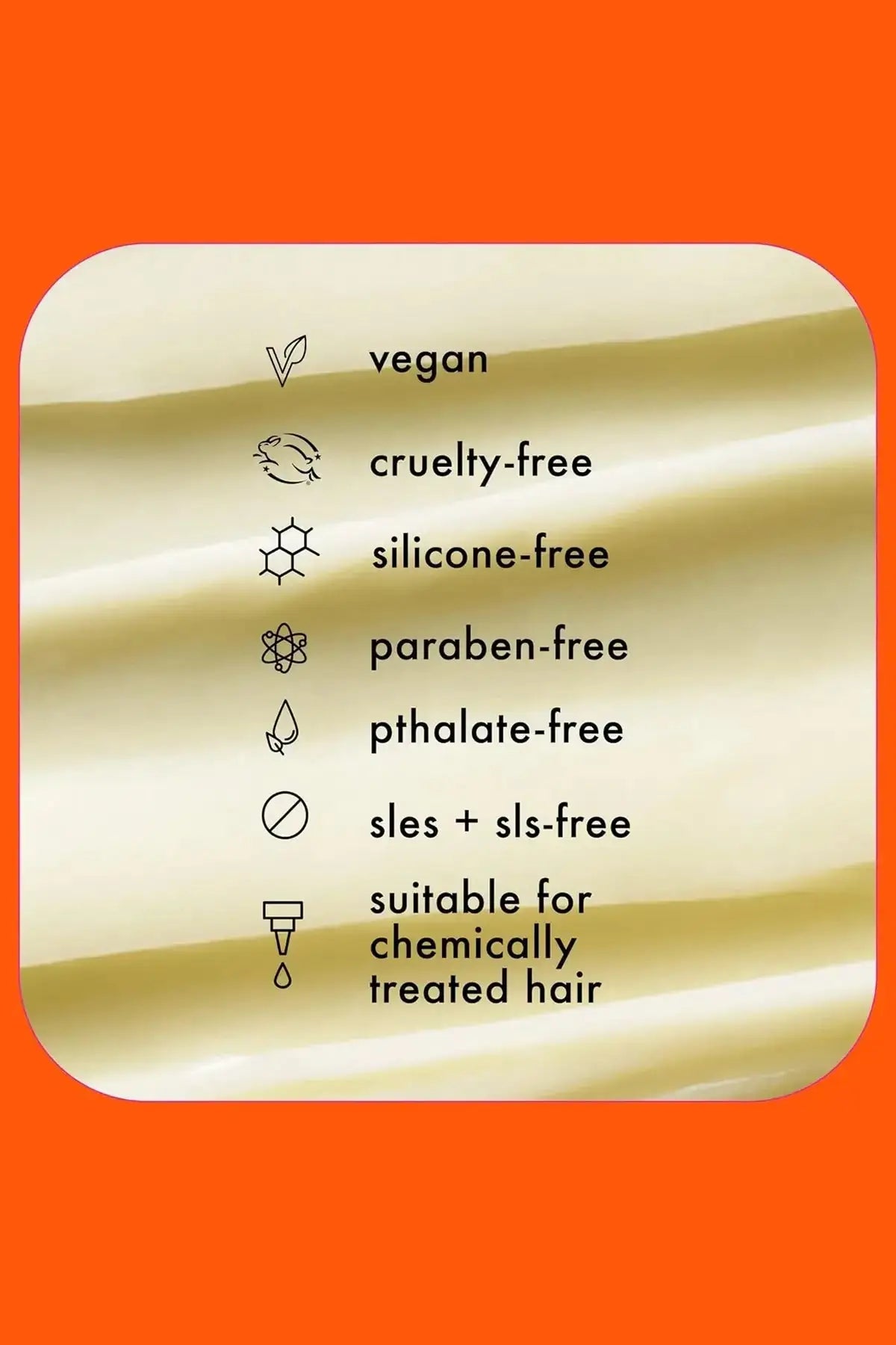 Icons highlighting the vegan, cruelty-free, and safe formula of the Amika Soulfood Nourishing Mask.