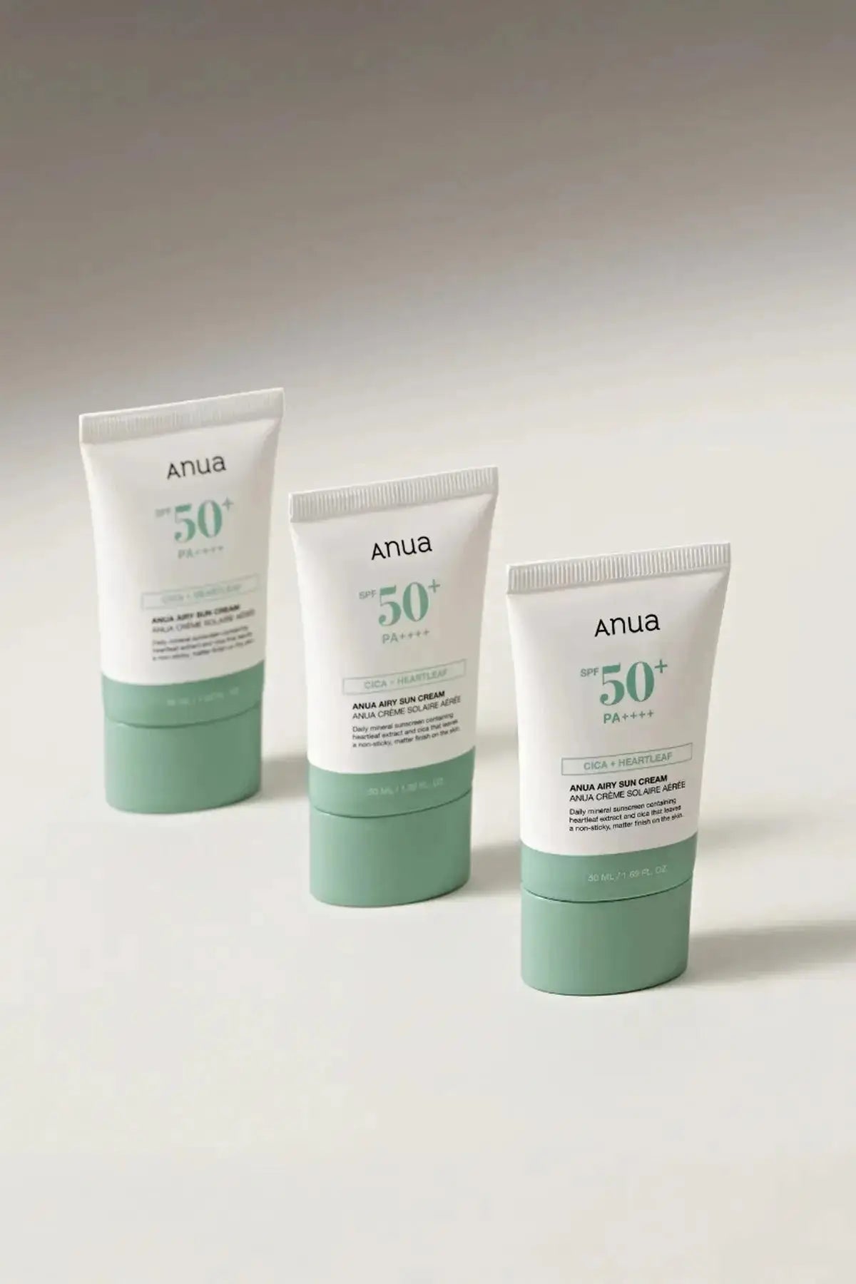 Three tubes of Anua Airy Sun Cream, a reliable Non-Comedogenic Sunscreen lineup for safe sun protection without clogging pores.