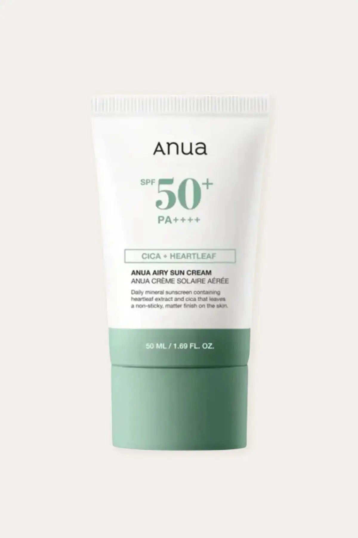 Anua Airy Sun Cream tube, a gentle zinc oxide sunscreen formulated with heartleaf and cica for a non-sticky finish.