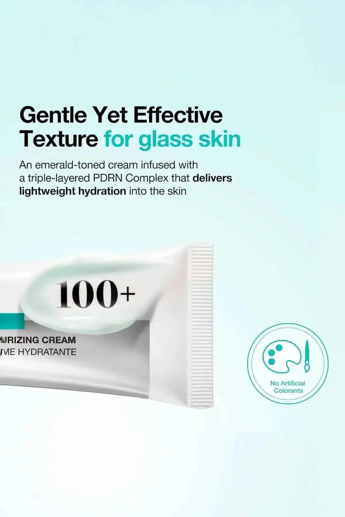 Close-up of the emerald-toned cream infused with Low Molecular Hyaluronic Acid for glass skin and lightweight hydration.