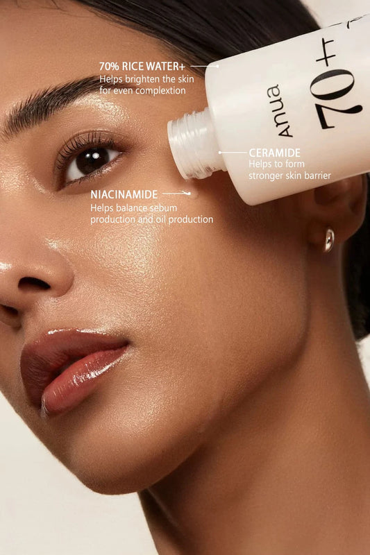 Model applying the milky Rice Water Toner, highlighting ingredients like 70% Rice Water, Niacinamide, and Ceramide for brightening.