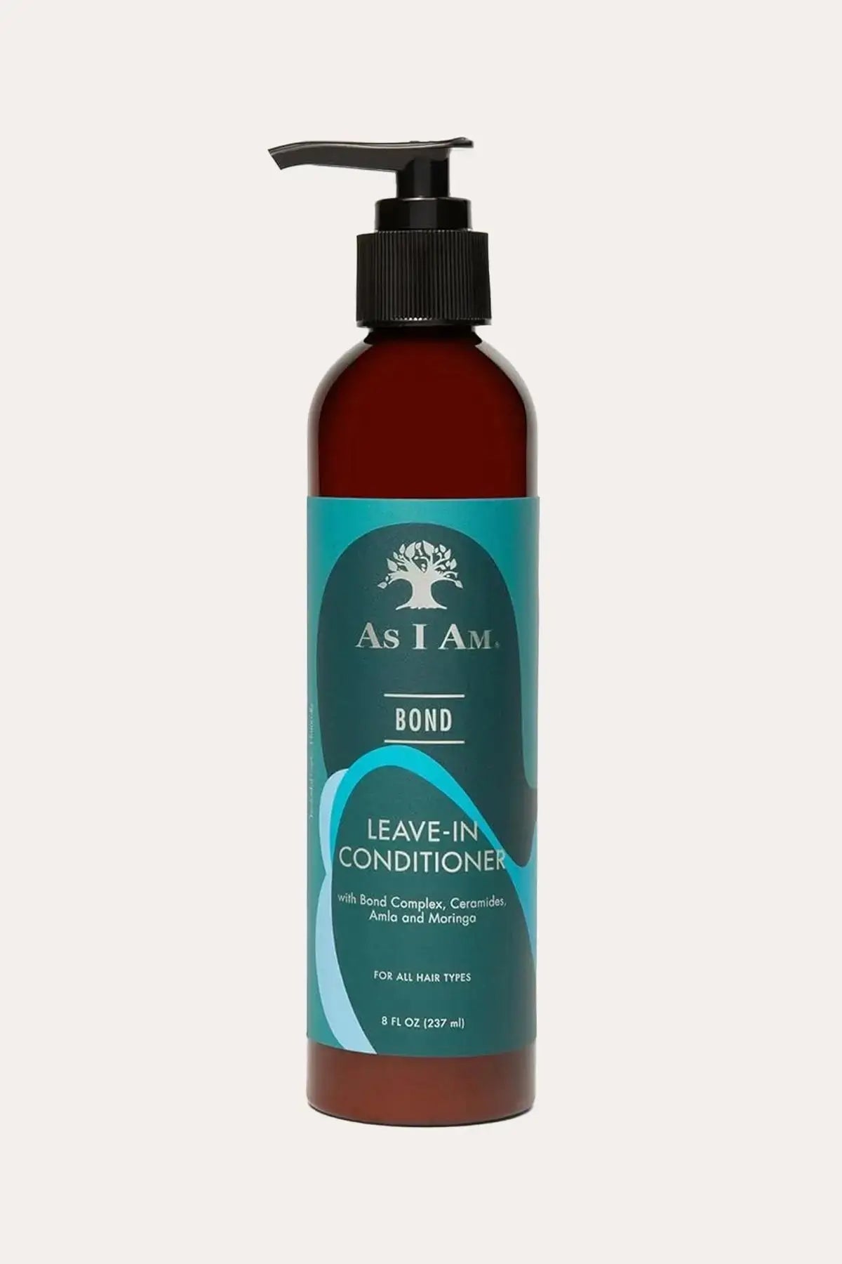 As I Am Bond Conditioner bottle on a wavy cream background, functioning as a Lightweight Leave-In conditioner to strengthen hair by 20%.