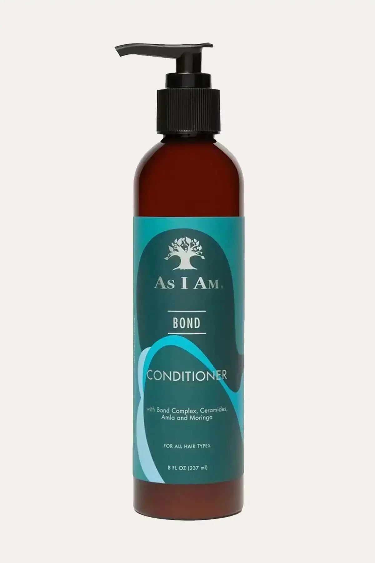 As I Am Bond Conditioner bottle on a wavy cream background, functioning as a Lightweight Leave-In conditioner to strengthen hair by 20%