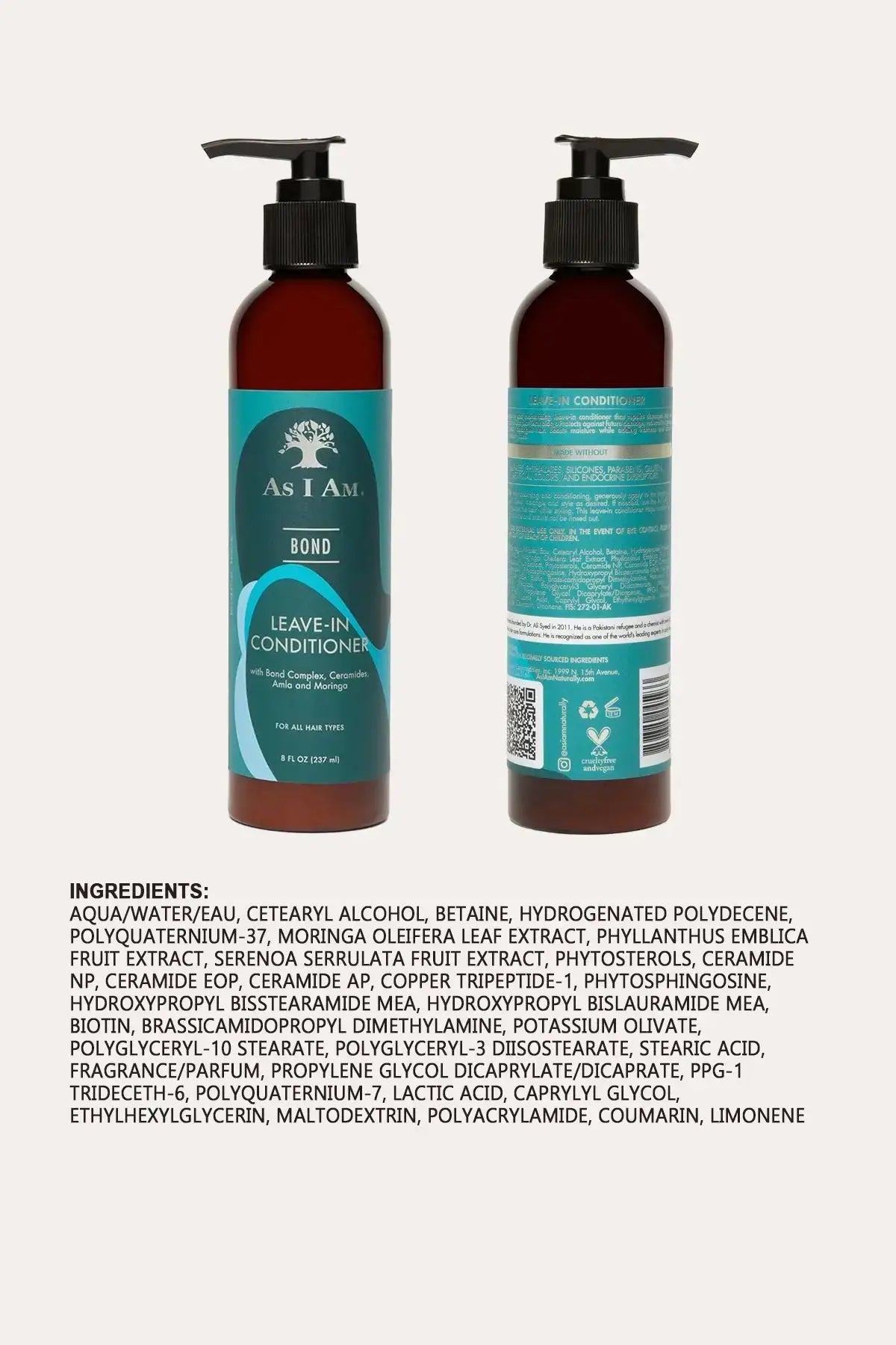 Full ingredients list for the As I Am Bond Lightweight Leave-In conditioner, including Biotin and Copper Tripeptide-1.