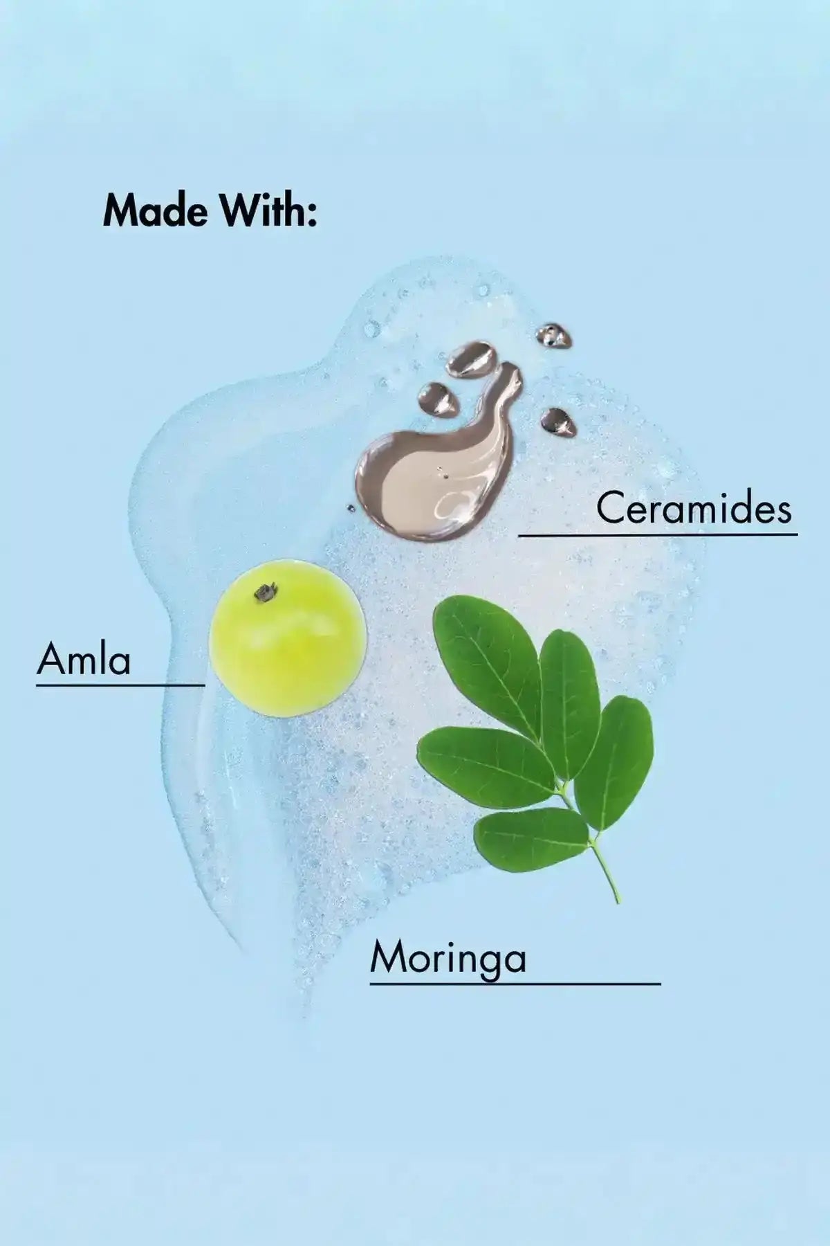 Infographic of Bond Shampoo ingredients: Moringa for strength, Amla for resilience, and Ceramides to restore the hair barrier.