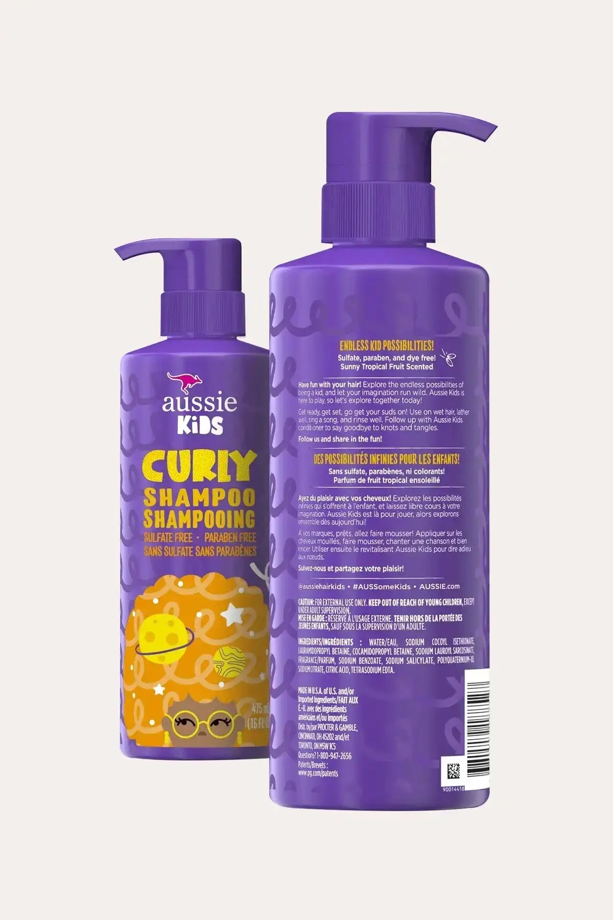 Aussie Kids Curly Gentle Cleanser for Sensitive Kids - Non Irritating Shampoo 475mL, Sulfate Free, Paraben Free, Dye Free with Tropical Fruit Scent, Front and Back Product View