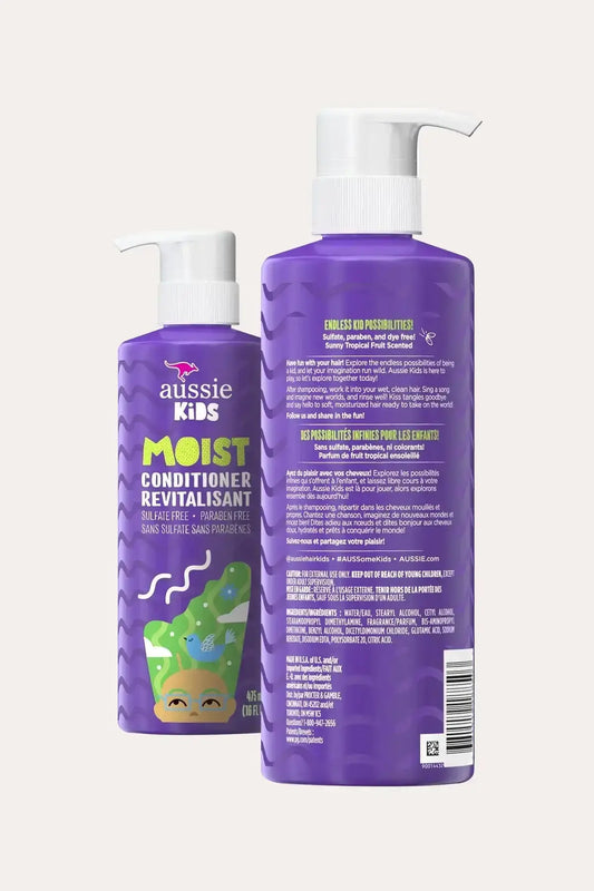 Aussie Kids Moist Sulfate and Paraben Free Kids Conditioner - Best Moisturizing Conditioner for Kids with Extra Moisture for Hair, Dye Free Formula, Front and Back Product View