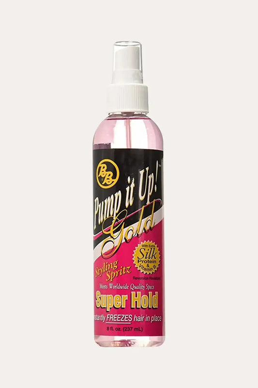 BB Pump it Up Gold Strong Hold Hair Spray 8 FL OZ - Sleek Ponytail Hairspray and Hair Spray for Braids with Silk Protein, Super Hold Styling Spritz Instantly Freezes Hair in Place