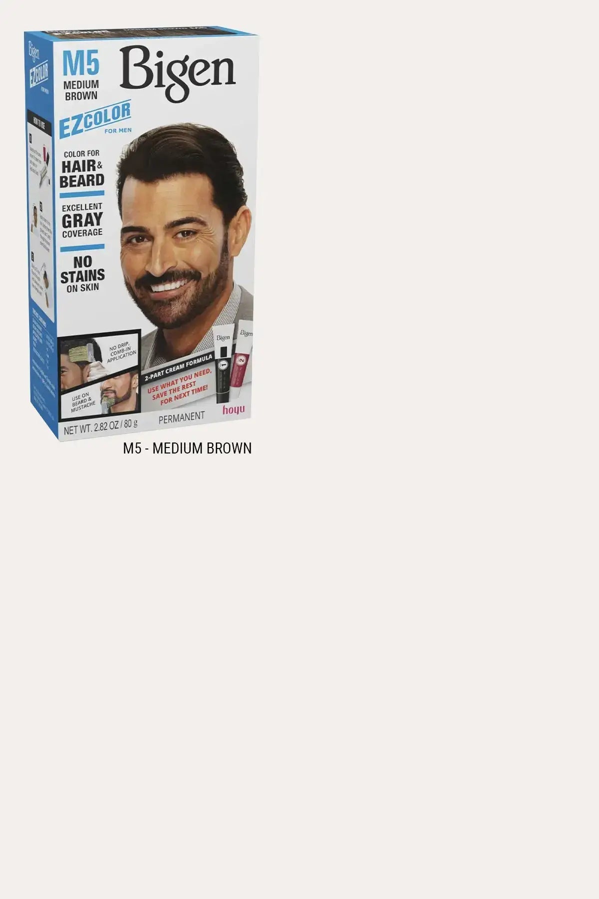 Bigen EZColor M5 Medium Brown - Best Beard and Hair Dye for Men, No Stain on Skin Hair Color, Ammonia Free Men's Hair Dye with Excellent Gray Coverage, Permanent 2-Part Cream Formula 2.82 oz