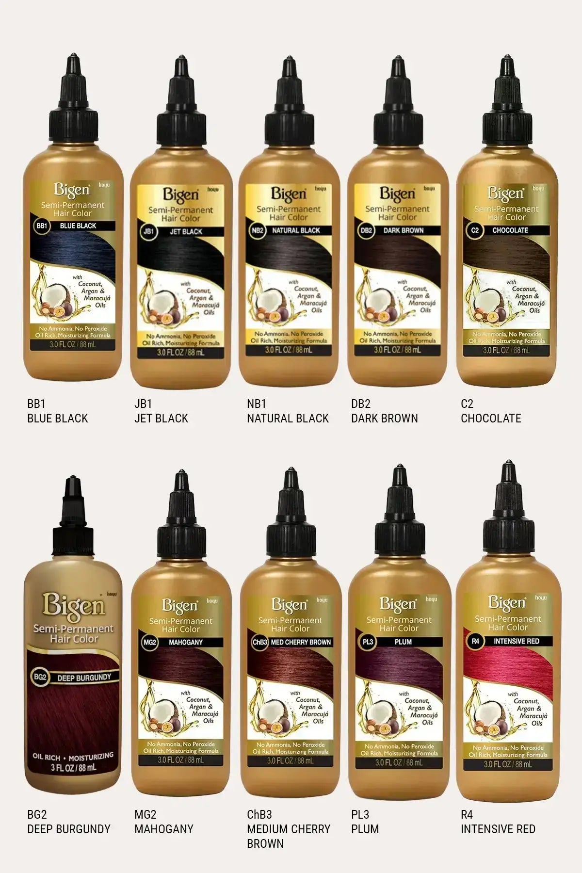 Bigen Semi-Permanent Deep Conditioning Hair Color 3.0 FL OZ (88mL) - Ammonia Free Best Hair Color for Gray Coverage, Non Permanent Hair Color with Coconut Argan Maracuja Oils, 10 Shades: BB1, JB1, NB1, DB2, C2, BG2, MG2, CHB3, PL3, R4