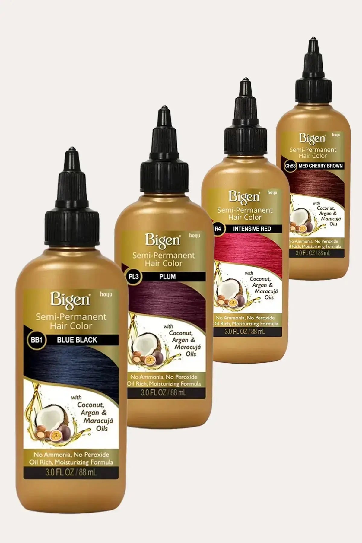 Bigen Semi-Permanent Non Permanent Hair Color - Ammonia Free Best Hair Color for Gray Coverage with Deep Conditioning Hair Color, BB1 Blue Black, PL3 Plum, R4 Intensive Red, CHB3 Med Cherry Brown, Coconut Argan Maracuja Oils, 3.0 FL OZ