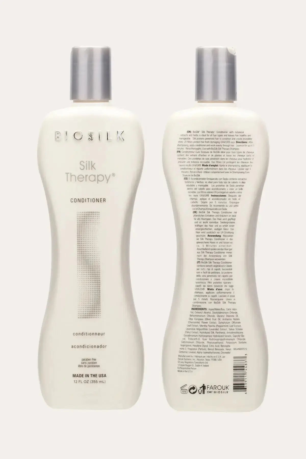 BioSilk Silk Therapy Professional Salon Conditioner 12 FL OZ (355 mL) - Front and Back Product View, Best Moisturizing Conditioner with Deep Conditioning with Herbal Extracts, Full Ingredients and Directions, Made in USA