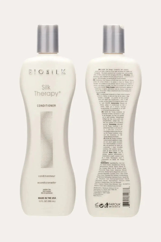 BioSilk Silk Therapy Professional Salon Conditioner 12 FL OZ (355 mL) - Front and Back Product View, Best Moisturizing Conditioner with Deep Conditioning with Herbal Extracts, Full Ingredients and Directions, Made in USA
