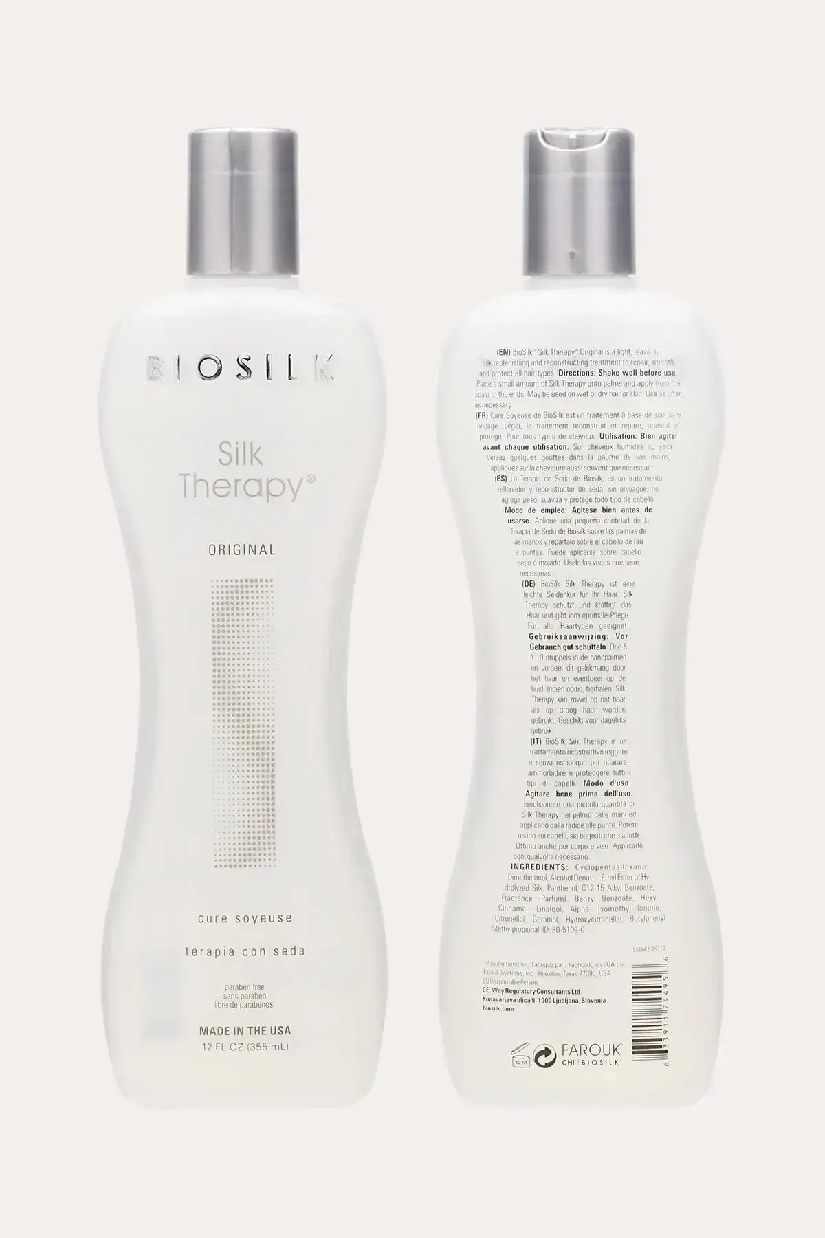 BioSilk Silk Therapy Weightless Formula 12 FL OZ (355 mL) - Front and Back Product View to Prevent Split Ends Hair Breakage, Original Silk Treatment with Full Ingredients and Directions, Made in USA