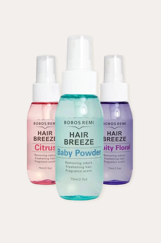 BOBOS REMI Hair Breeze Spray 75ml (2.5oz) - Baby Powder Breeze Spray in Aqua Blue Front Center, Citrus Pink Left, Fruity Floral Purple Right, Removing Odors Freshening Hair Fragrance Scent, White Spray Dispensers