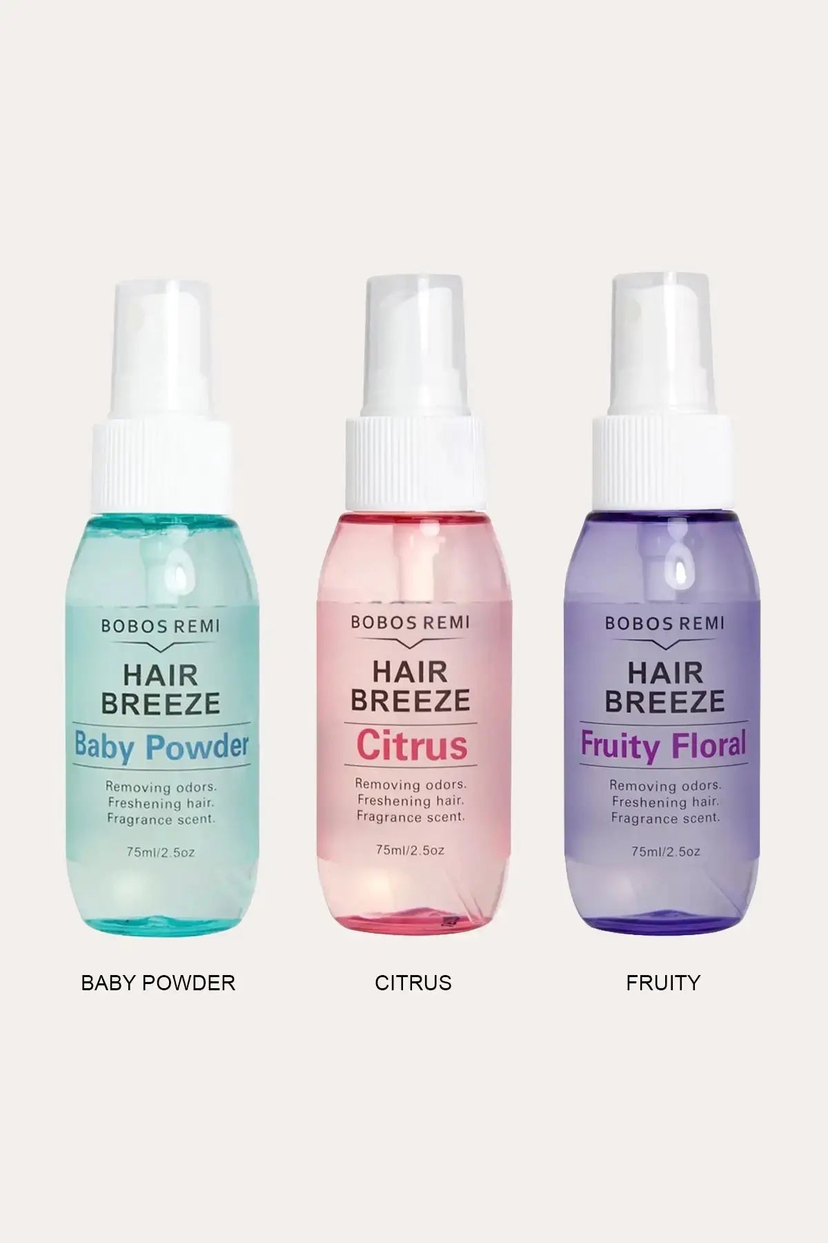 BOBOS REMI Hair Breeze Spray Three Scents 75ml (2.5oz) - Baby Powder Aqua Blue, Citrus Pink, Fruity Floral Purple, Removing Odors Freshening Hair Fragrance Scent, Three Bottles Side by Side with Labels