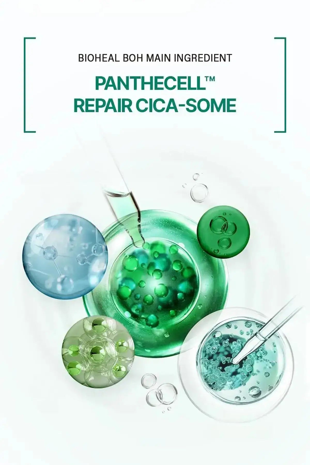 BOH Panthecell Main Ingredient - Cica Repair Panthenol with Repair Cica-Some, Best Korean Toner Pad Formula Showing Green Gel Spheres and Molecular Structure