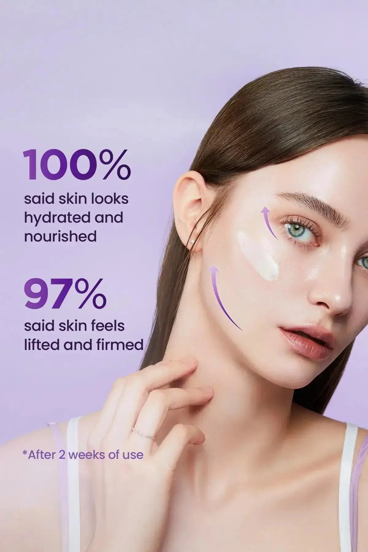 BOH Probioderm Cream Pregnancy Safe Anti Wrinkle Cream - Clinical Results After 2 Weeks, 100% Said Skin Looks Hydrated and Nourished, 97% Said Skin Feels Lifted and Firmed, Model Showing Face Lifting Lines