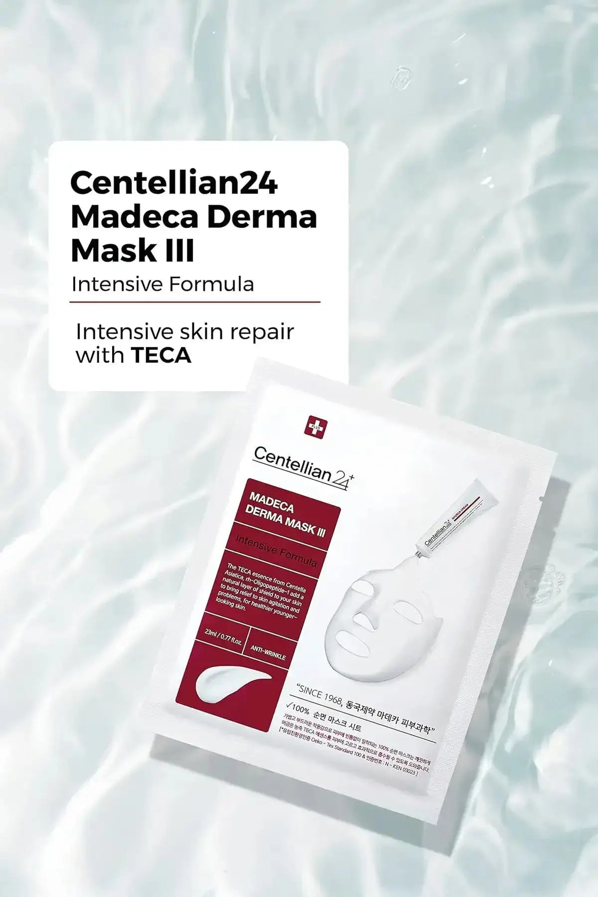 Centellian 24 Madeca Derma Mask III Intensive Formula - Dermatologist Approved Sheet Mask with Intensive Skin Repair with TECA, Single Sheet Package with Ampoule on Mint Green Background, Since 1968