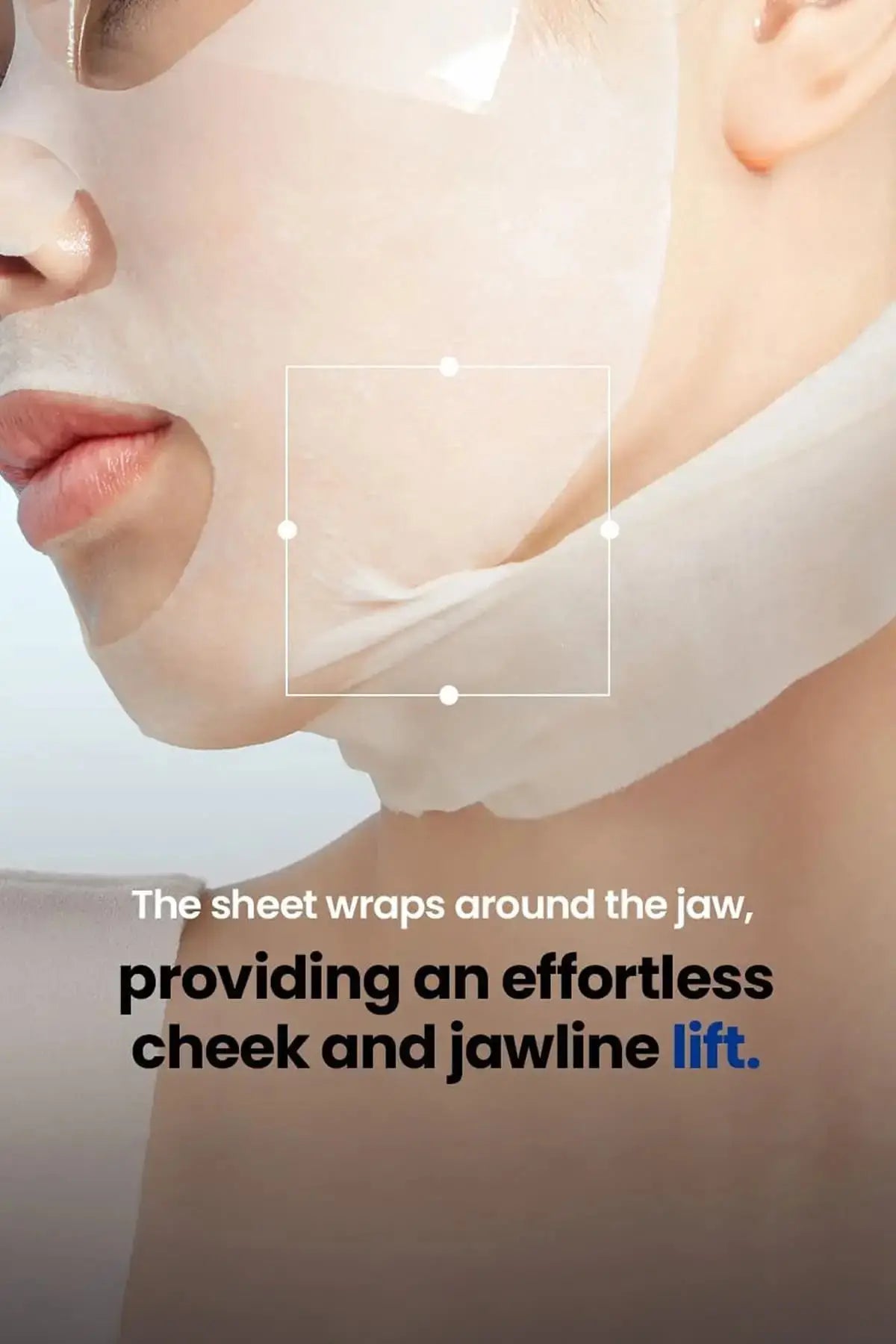 Model wearing the firming face mask that wraps around the jawline to provide a visible lifting effect for cheeks and jowls.