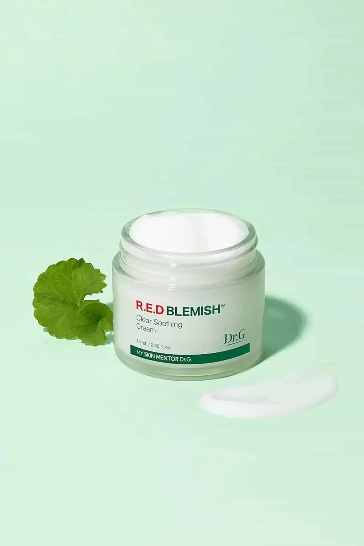 Open jar of Dr.G Red Blemish Cream showing its refreshing gel moisturizer Oily skin friendly texture with Cica ingredients.