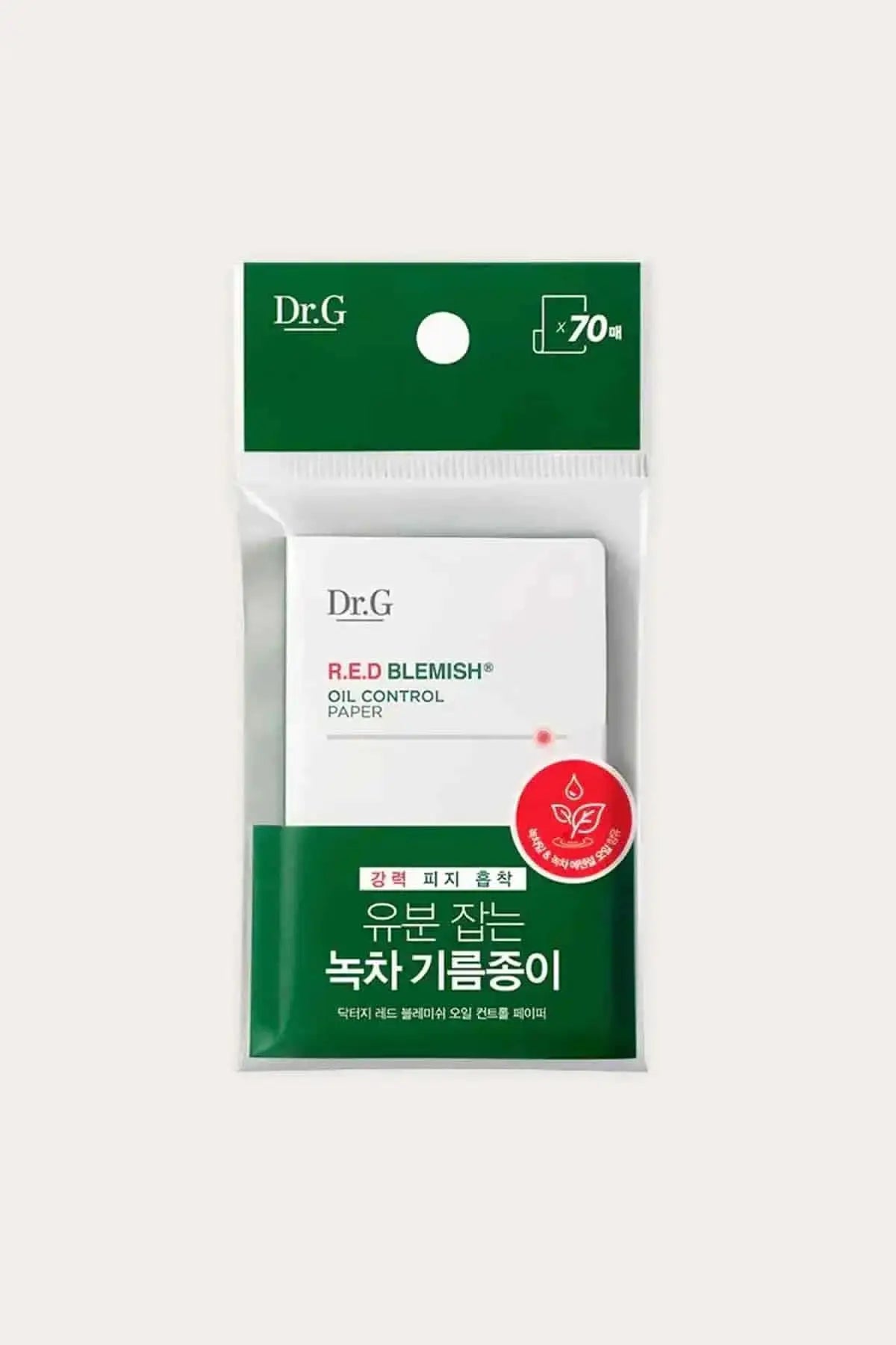 Dr.G Red Blemish Oil Control Paper package, featuring 70 sheets of green tea infused blotting paper for a fresh finish.