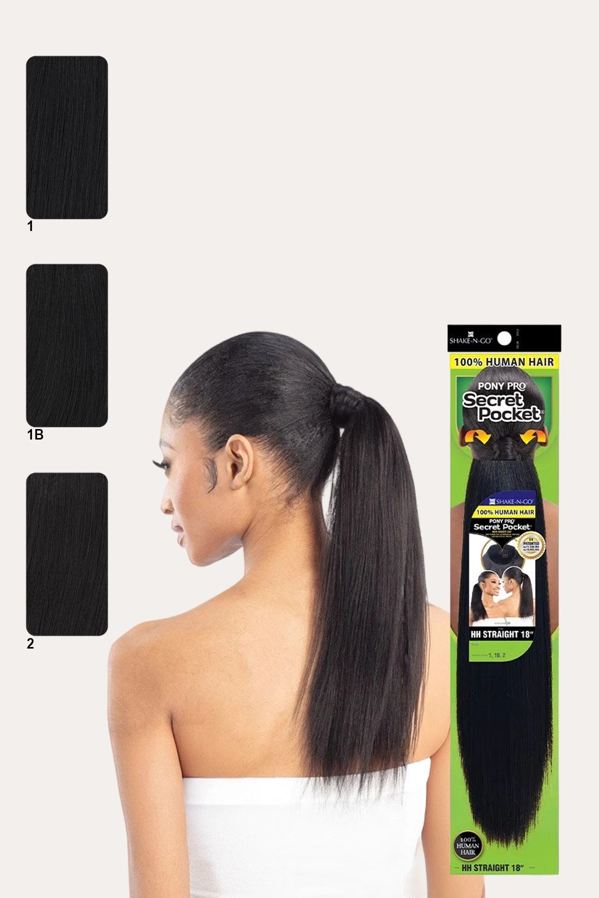 Rear view of a model wearing the Easy Wrap Around Ponytail in 18-inch straight texture, highlighting the Glueless Ponytail design and secure pocket attachment.