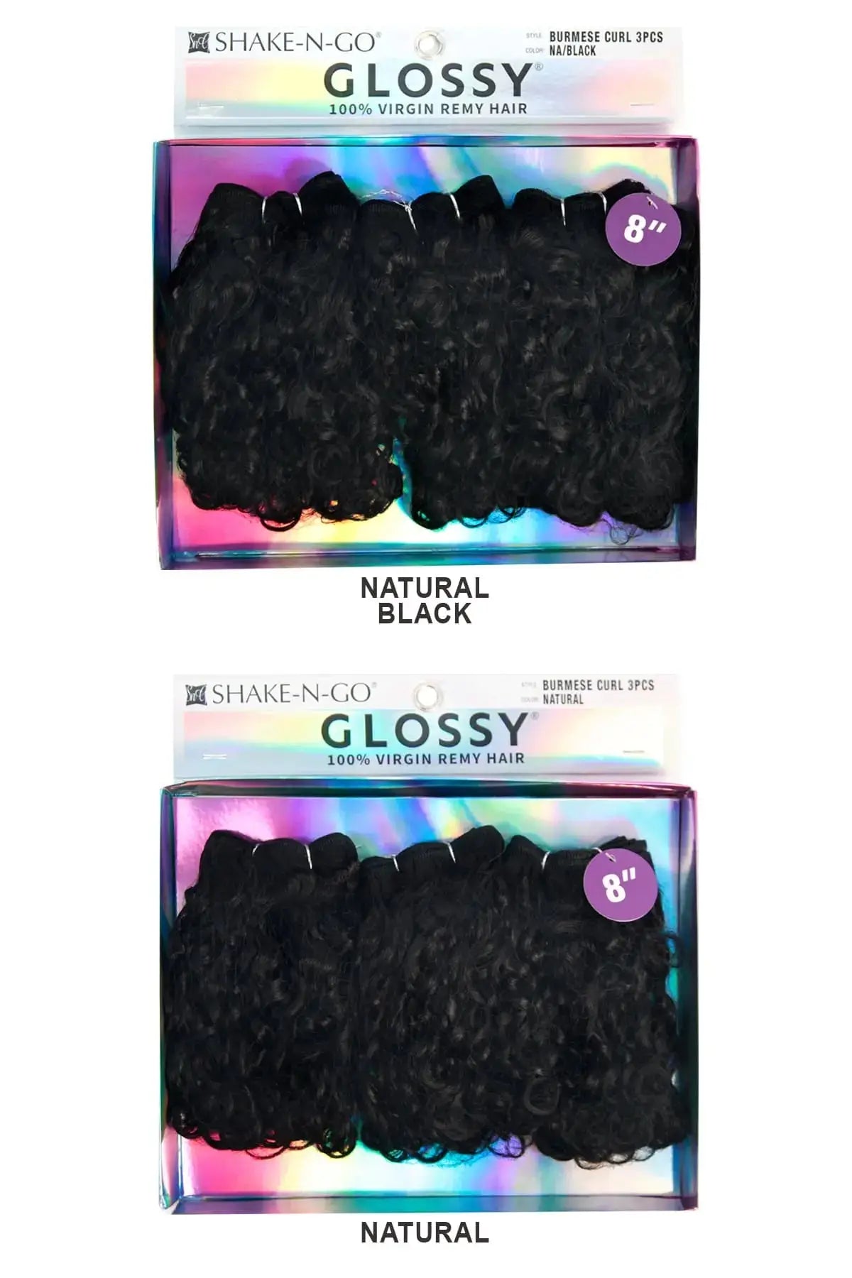 Packaging for Glossy Burmese Curl 3pcs Virgin Hair in Natural Black and Natural colors
