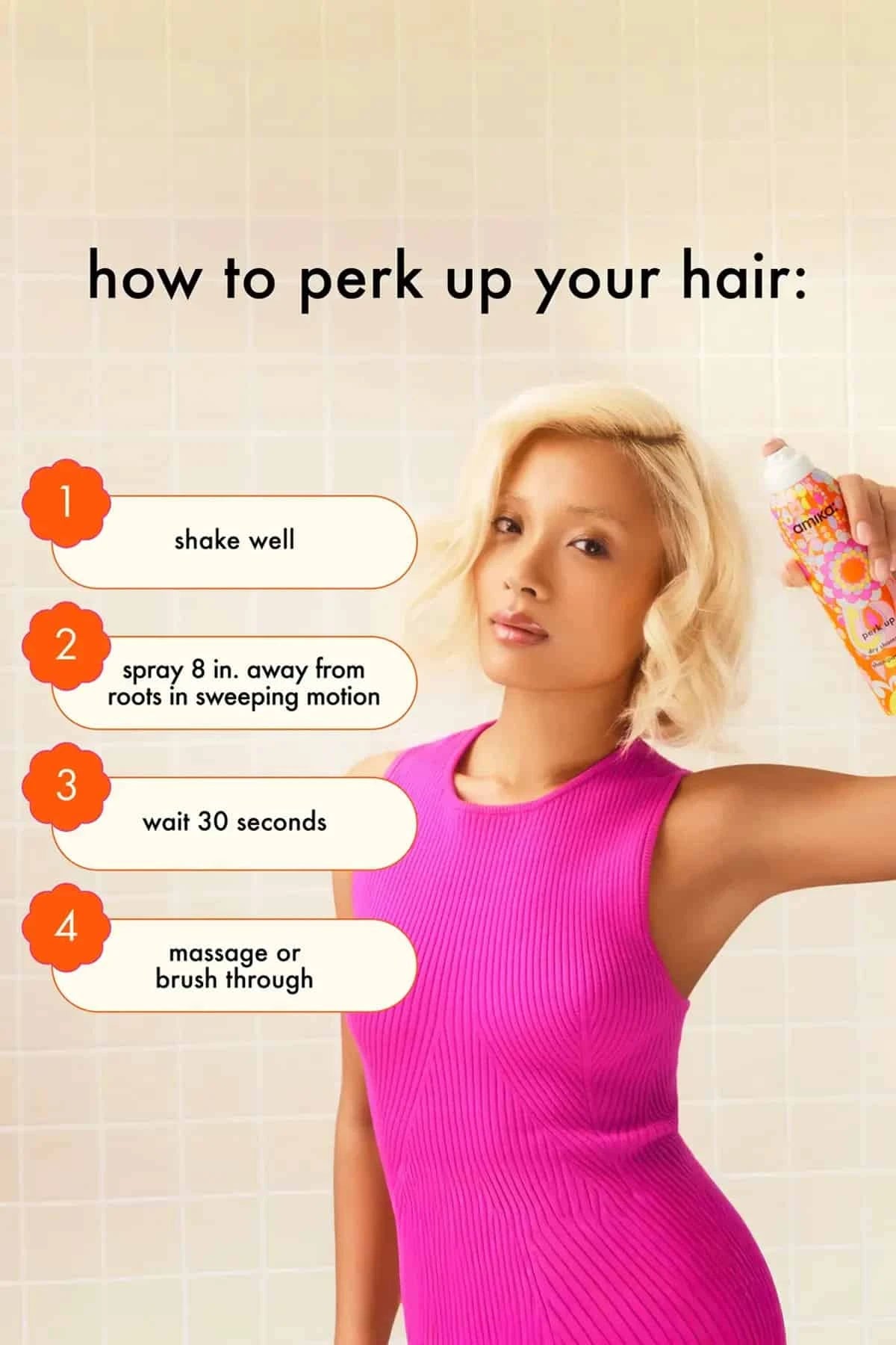 Step-by-step guide showing how to spray and massage Amika dry shampoo for best results.