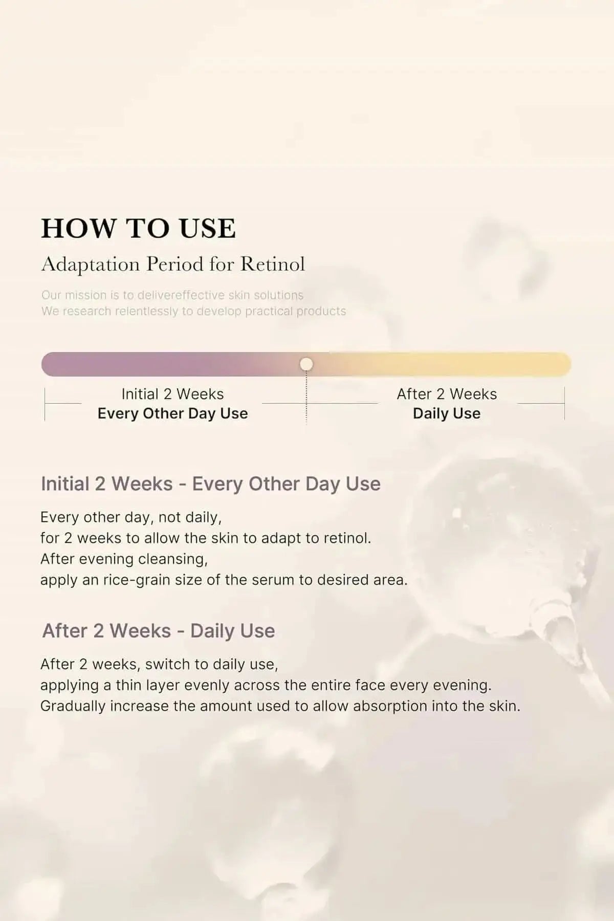 Adaptation period guide showing the initial 2-week schedule, making this an ideal retinol for beginners.