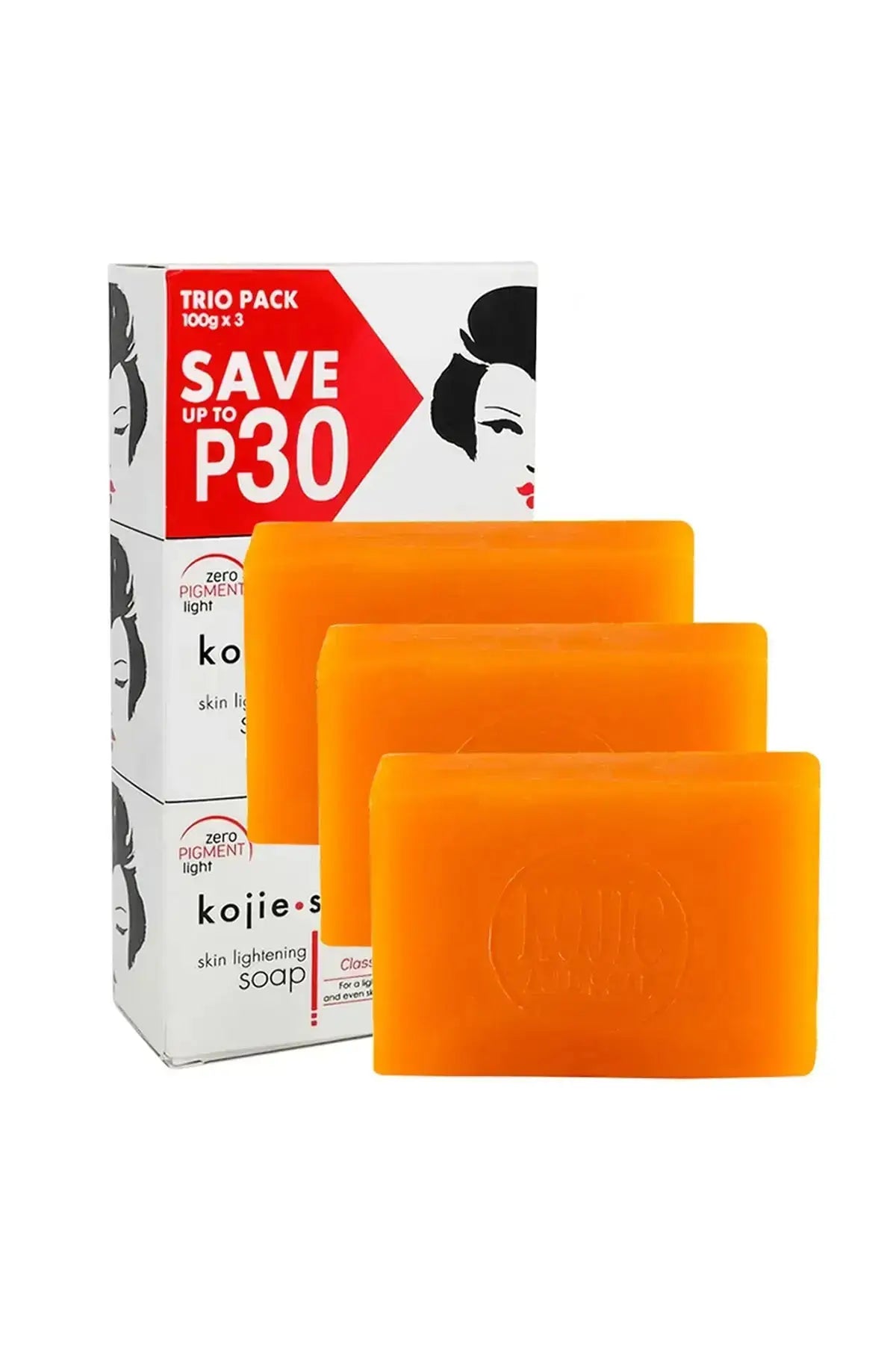 Back of the Kojie San box showing Kojic Acid details and Zero Pigment Light technology, making it the Best Soap for Dark Spots.