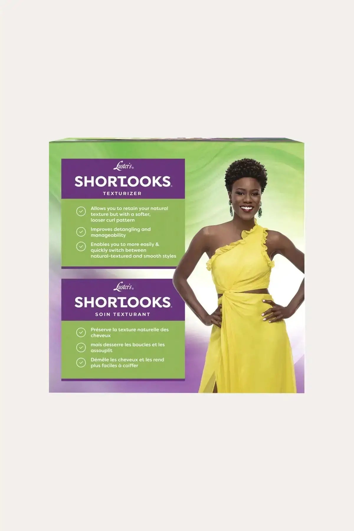 Luster's Pink ShortLooks Texturizer for Natural Hair box featuring a model with defined curls, enhanced with Avocado and Castor Oil for superior conditioning.