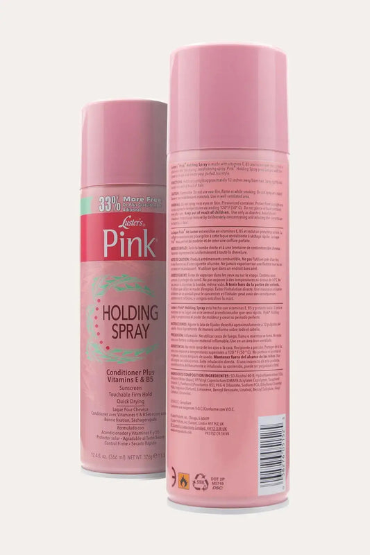 Front and back view of the Vitamin B5 Infused Hair Spray by Luster’s Pink, showing the Long Lasting Hold formula and detailed directions for use.