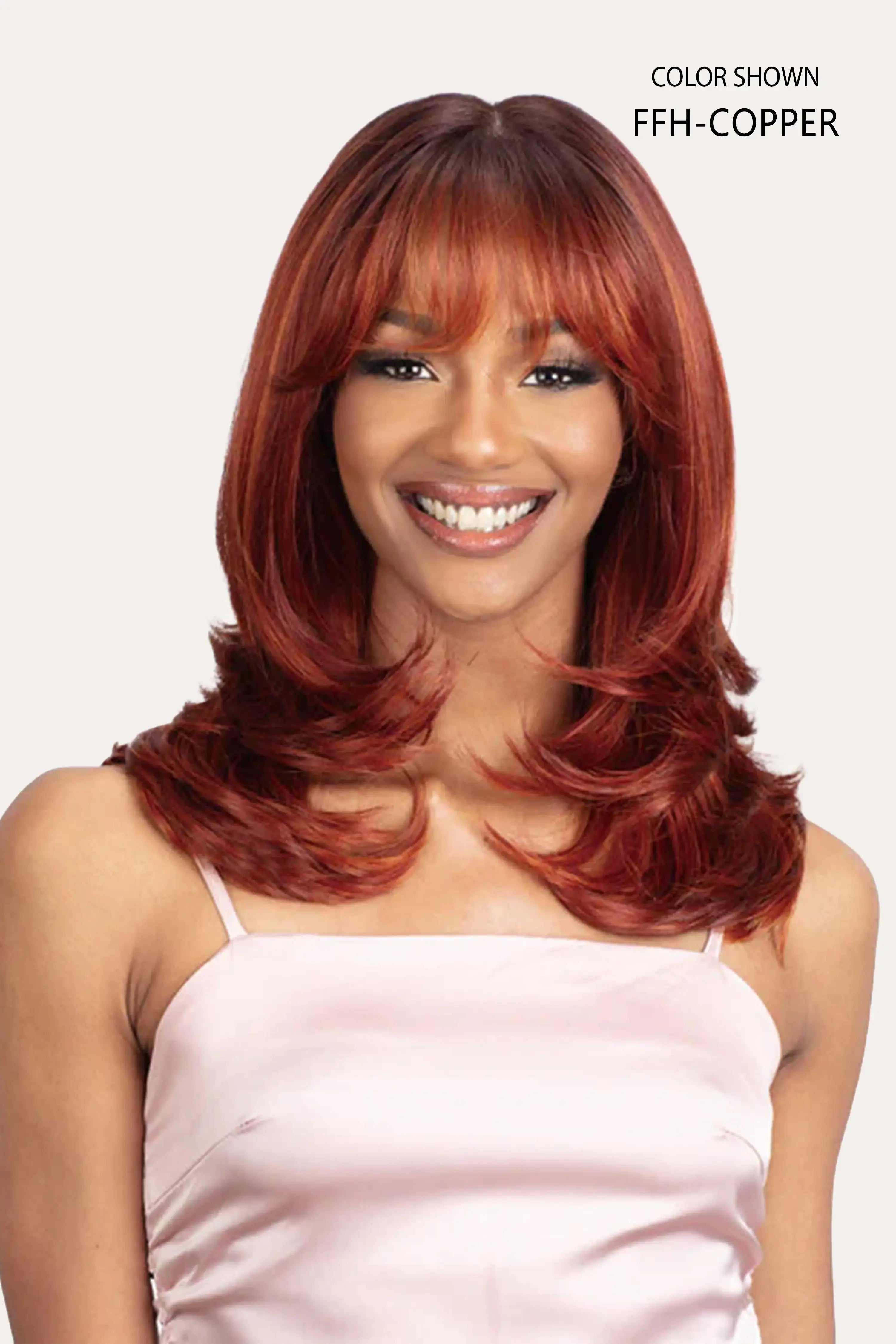 Front view of a model in Mayde Loris Heat Resistant Synthetic wig in FFH-Copper color, showcasing a voluminous LONG Loose Wave style with HD lace.