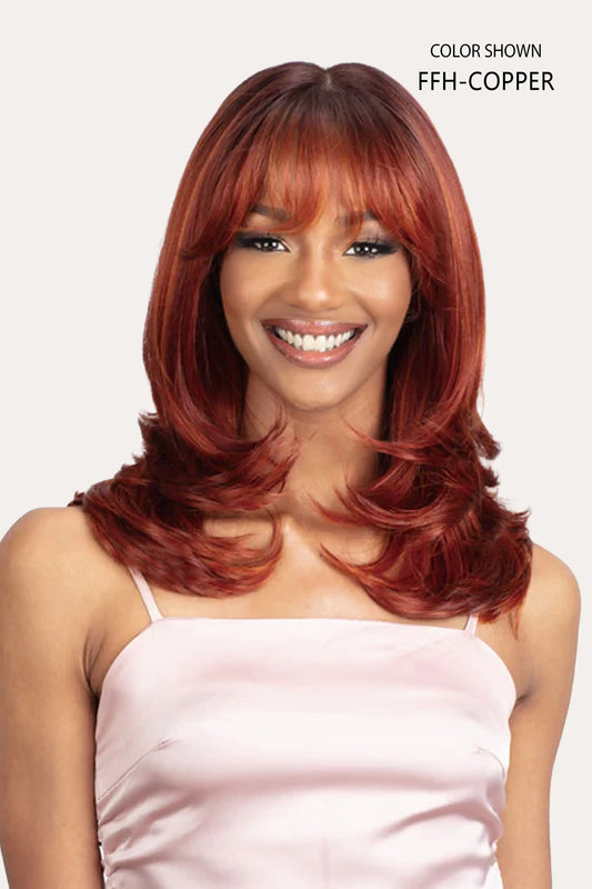 Front view of a model in Mayde Loris Heat Resistant Synthetic wig in FFH-Copper color, showcasing a voluminous LONG Loose Wave style with HD lace.