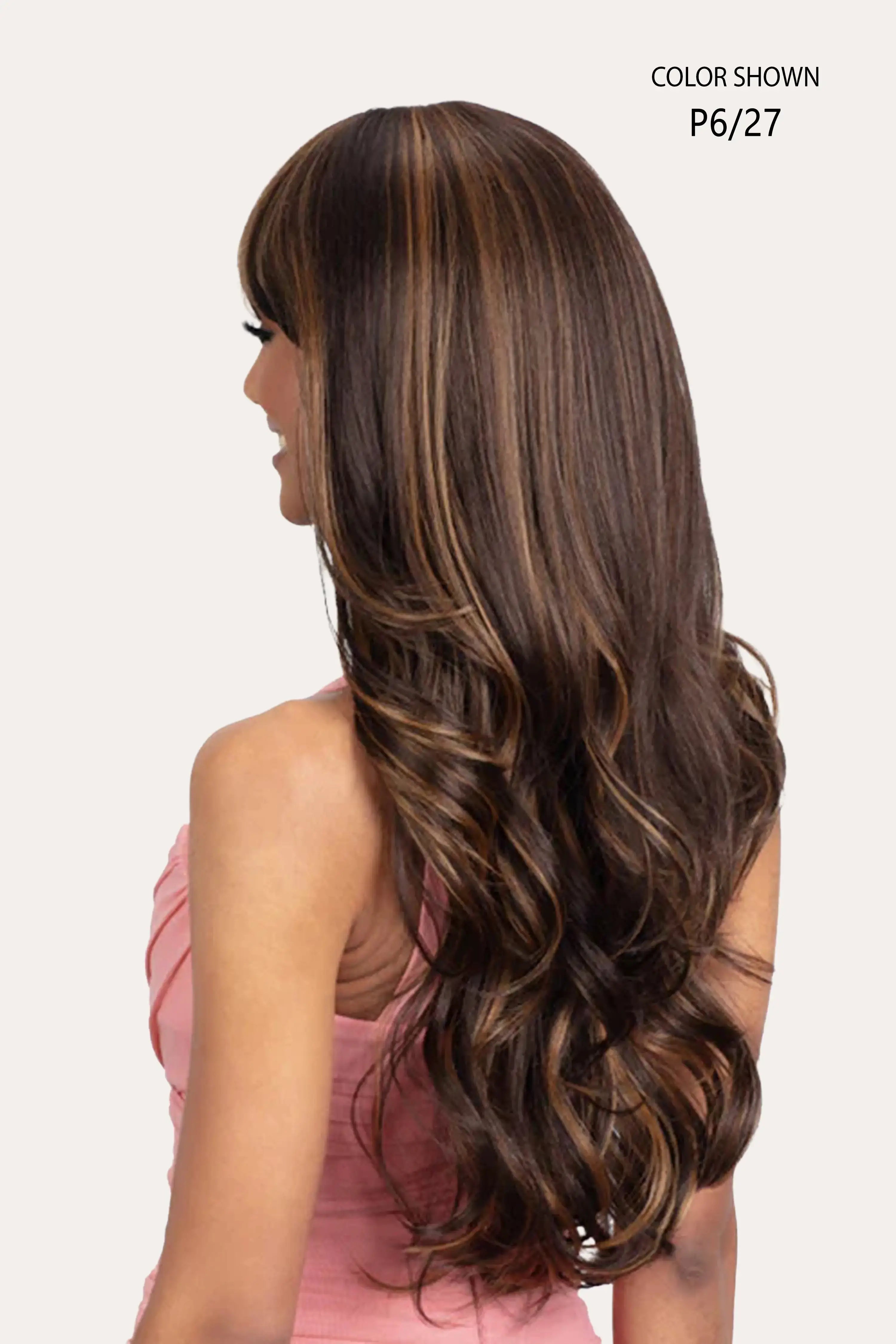 Side profile of the Mayde Majesty synthetic fiber wigs in color P6/27, showcasing the flowy Long Loose Wave texture and the natural HD lace scalp part.