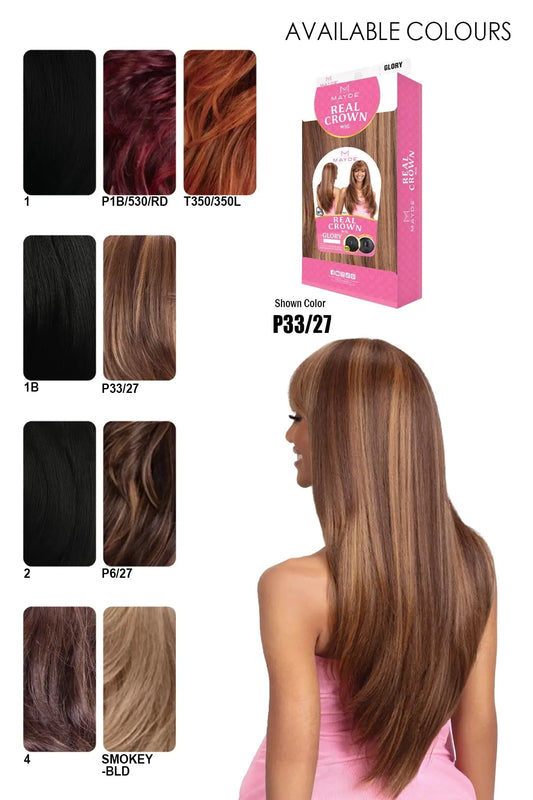 A color chart for Mayde Real Crown Glory, showcasing various shades for these premium synthetic wigs for women in a Long Straight Layered style, including P33/27, Smokey-Bld, and T350/350L.