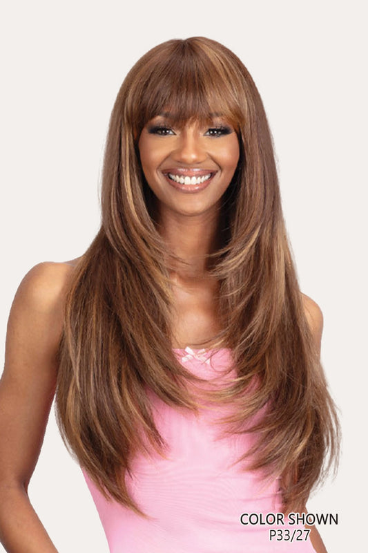 A model wearing the Mayde Glory Long Straight Layered wig in color P33/27, featuring a sleek finish and natural face-framing layers.
