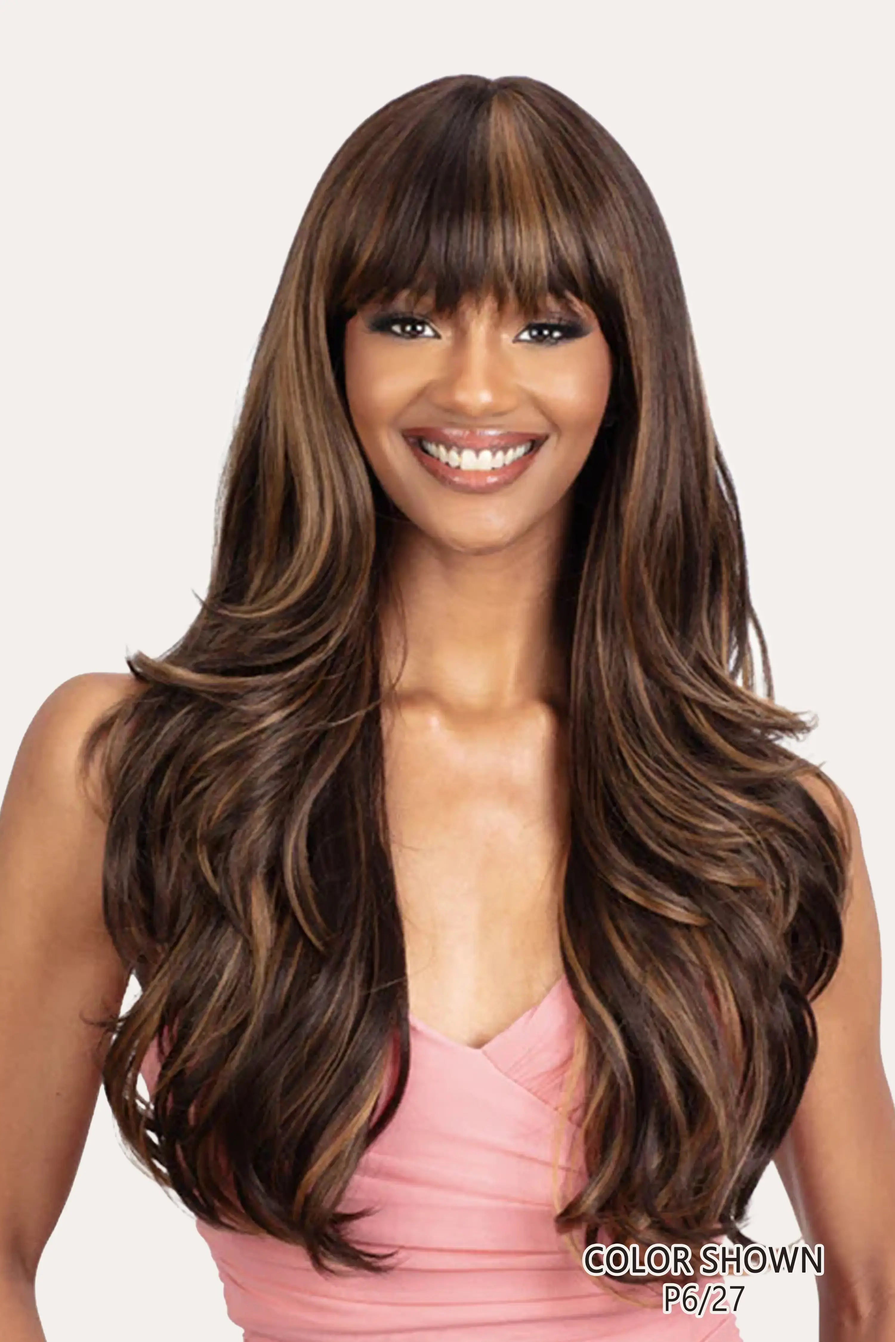 Frontal view of the Mayde Real Crown Majesty Long Loose Wave wig in color P6/27, featuring a mix of brown and honey blonde highlights for Effortless Elegance.