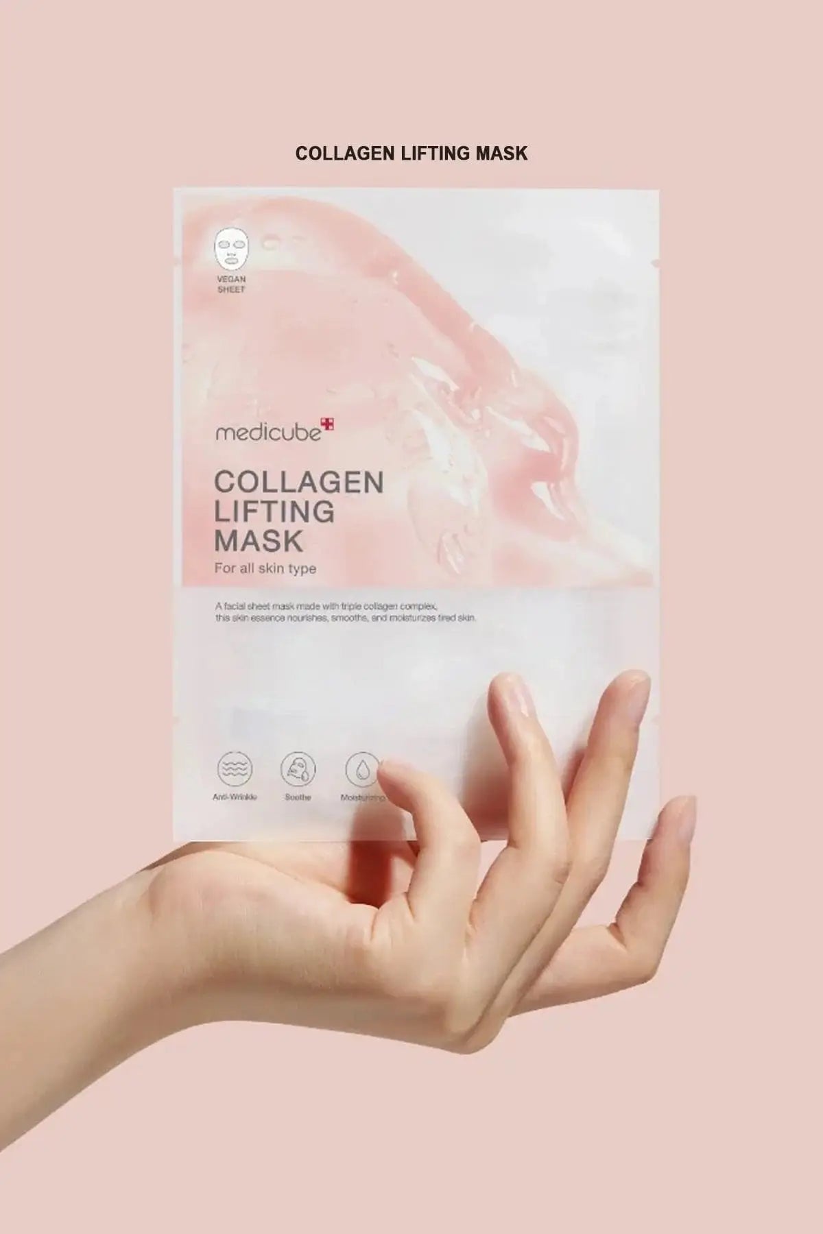Hand holding the Medicube collagen mask, designed for lifting and effective anti-aging care.