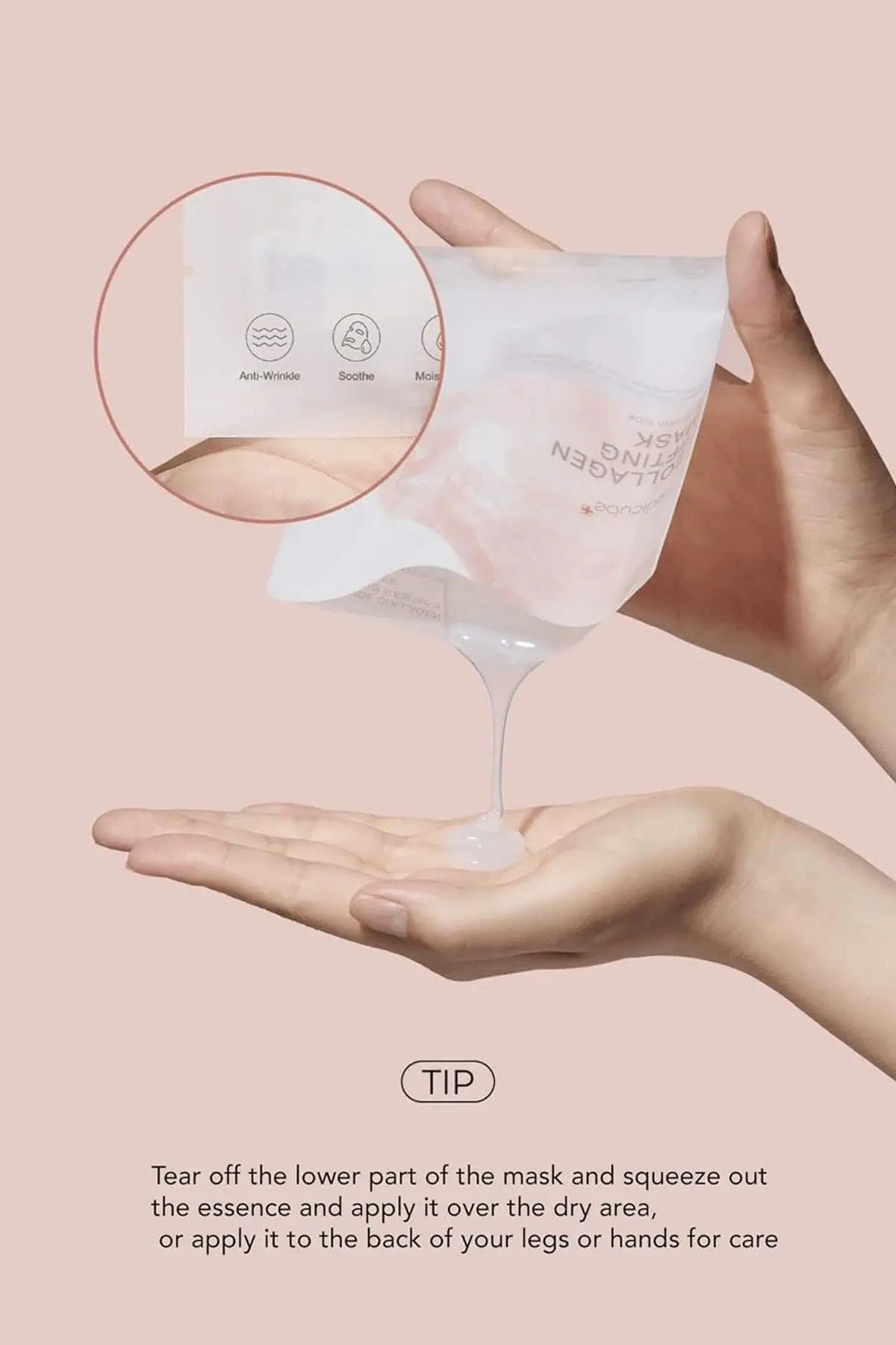 Usage tip showing rich essence being squeezed from the Medicube collagen mask.