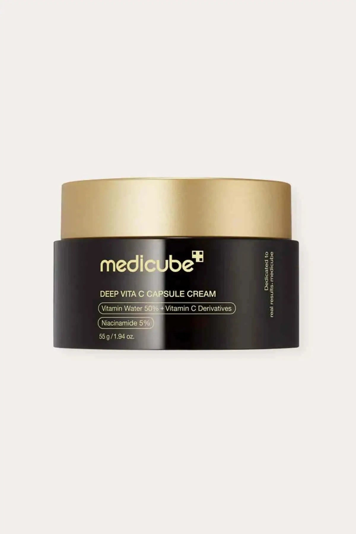 Medicube Deep Vita C Capsule Cream jar, a powerful Dark Spot Removing moisturizer enriched with 50% Vitamin Water.