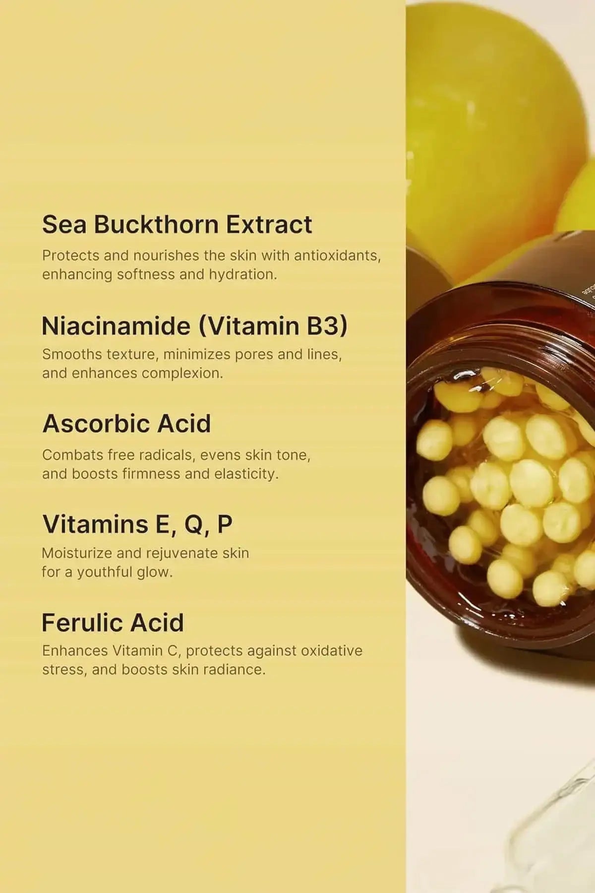 List of key ingredients including Sea Buckthorn, Niacinamide, and Ascorbic Acid for brightening and firming.