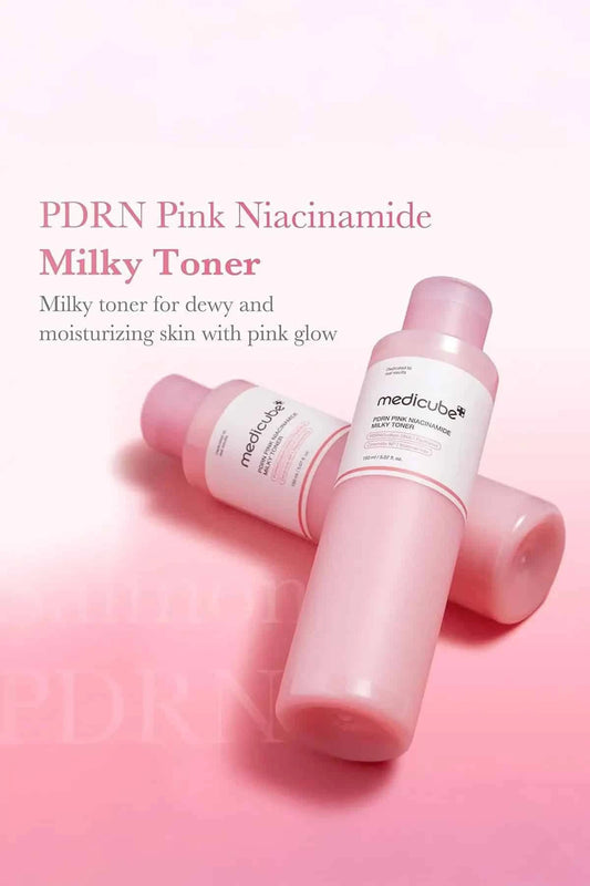 Two bottles of PDRN Pink Niacinamide Milky Toner, a deeply moisturizing solution especially effective FOR DRY SKIN.